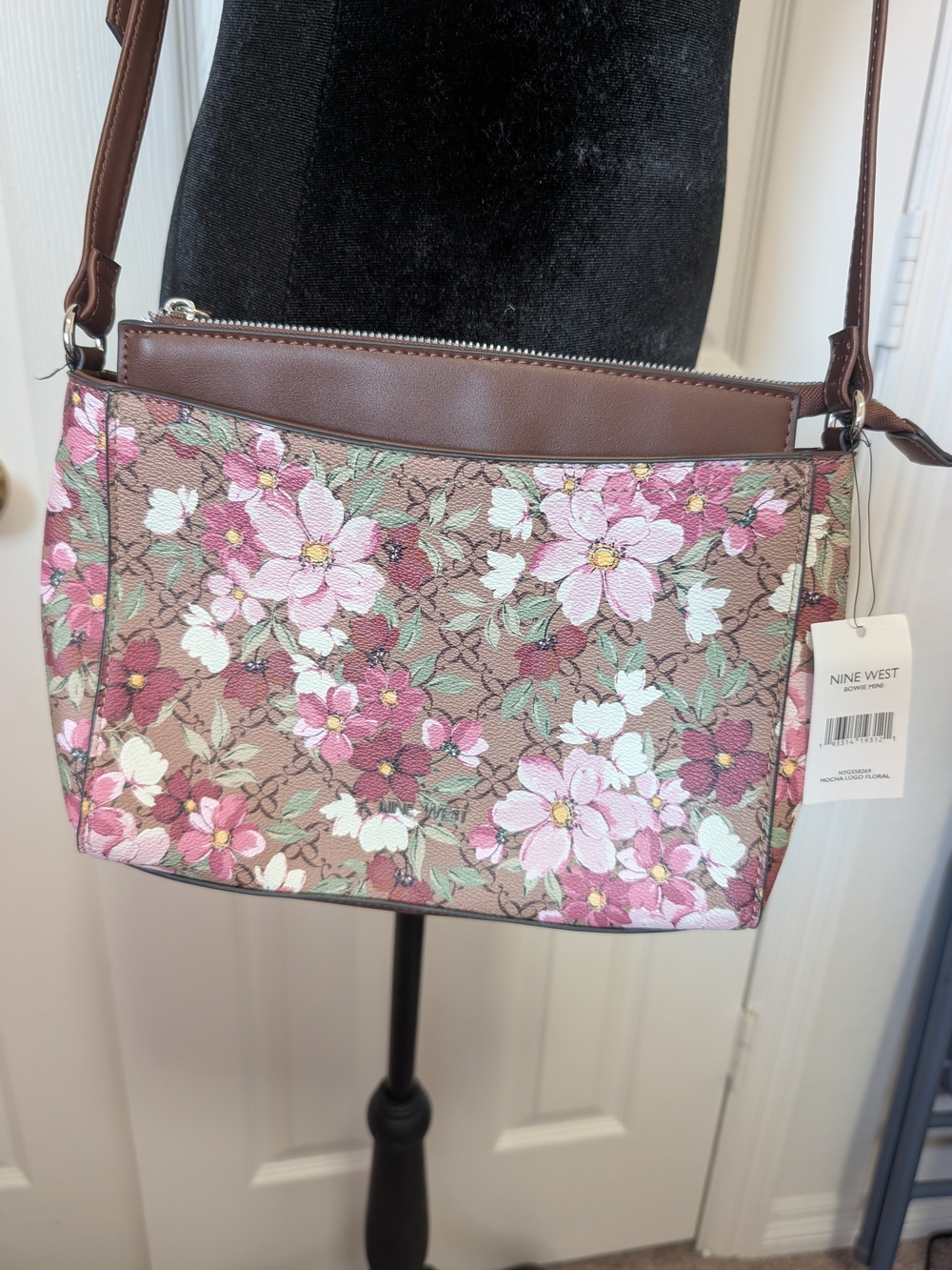 Nine West Brown Floral Crossbody with Pink and White Flowers